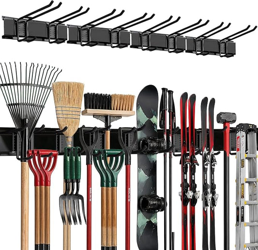 TIDYME Garage Wall Organizer | 64" Heavy-Duty Tool Storage Rack | Adjustable Double-Layer Hooks | 400 lbs Capacity | Carbon Steel Wall Mount Holder for Shovels, Rakes, Ladders & Power Tools