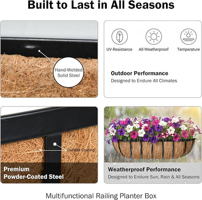 24“ Window Box Railing Planter with Coco Liner Metal Wall-Mounted Coconut Liner Planter Basket English Horse Trough Planters for Outdoor Deck Balcony Porch Fence Patio Black (2 Pack)