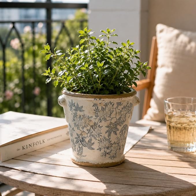 Dosayes Vintage Ceramic Flower Pot with Drainage Holes and Handle,Ice Crack Country Rustic Planters for Indoor Outdoor,Tuscan Decor,Home and Garden Decor,Gardening Present