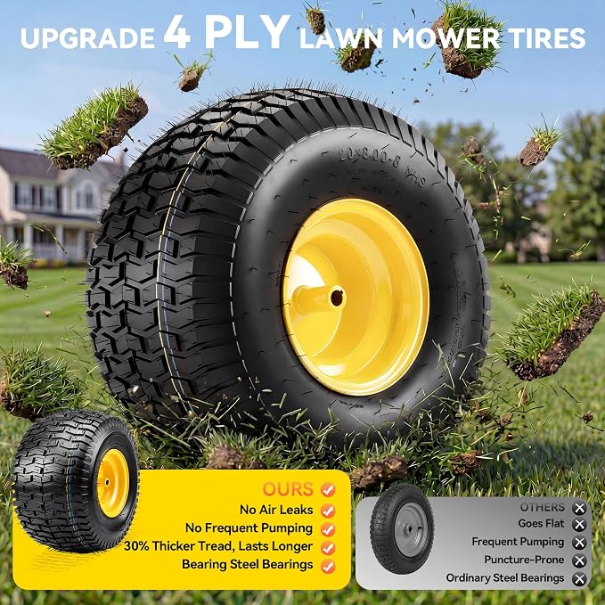 YITAMOTOR 20x8.00-8 Lawn Mower Tires & Wheel Assemblies, 4 Ply Tubeless Front Tires Replacement Fits Lawn Tractors, More Riding Mowers & Garden Vehicle | 3/4" Bore Hole, 3/16" Keyway, 960LBS (2 Pack)