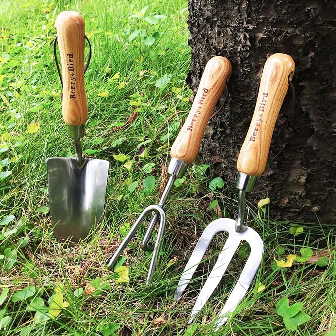 Berry&Bird Garden Tool Set 3 Pieces Stainless Steel Heavy Duty Garden Sets | Gardening Kit Include Hand Trowel Hand Cultivator & Hand Fork with Wood Handle for Weeding Transplanting Digging Garden Gifts