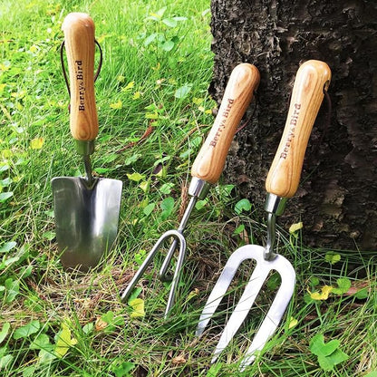 Berry&Bird Garden Tool Set 3 Pieces Stainless Steel Heavy Duty Garden Sets | Gardening Kit Include Hand Trowel Hand Cultivator & Hand Fork with Wood Handle for Weeding Transplanting Digging Garden Gifts