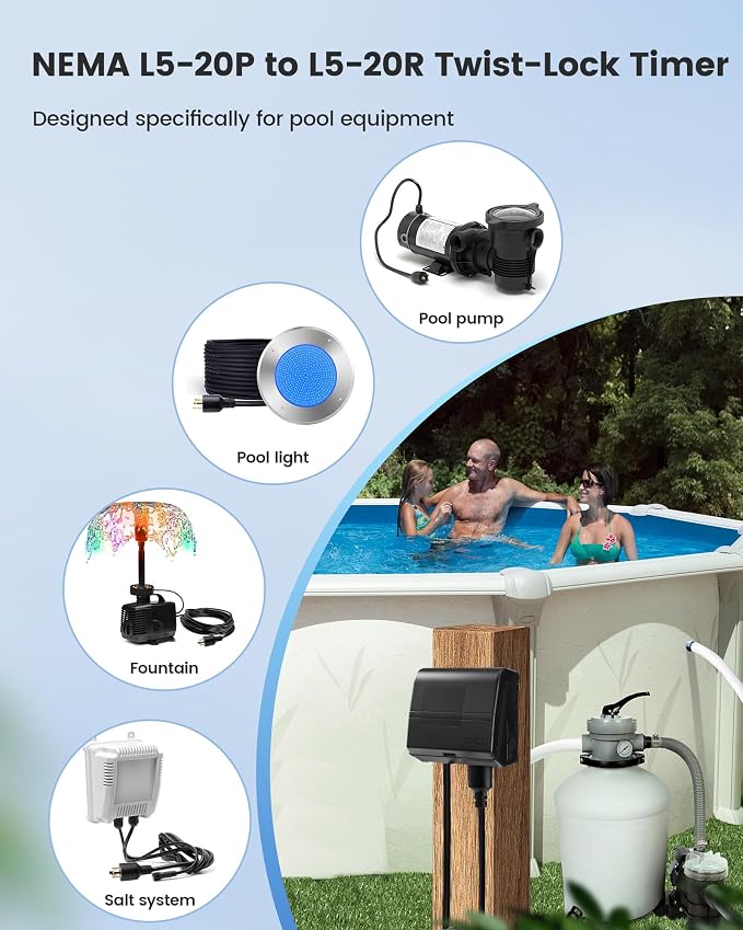 SURAIELEC Infinite Cycle Pool Timer for Above Ground Pools, NEMA L5-20R Twist-Lock Plug-in Timer, 20A 125V 1HP, Weatherproof Outdoor Timers for Pool Pumps, Pool Heaters, Salt Systems and Lights
