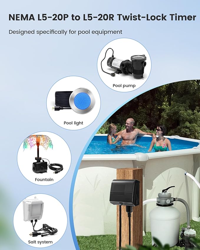 SURAIELEC Digital Pool Timer for Above Ground Pools, NEMA L5-20R Twist-Lock Plug-in Timer, 20A 125V 1HP, Programmable 7-Day Schedule, Weatherproof Cover, for Pool Pumps, Heaters and Lights