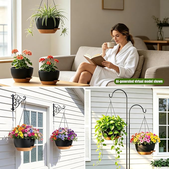 8 Inch Self Watering Hanging Planters Set of 3 with Saucers | Set of 3 8-inch self-watering hanging planters with side-fill watering ports, chain hangers & snap-on saucers