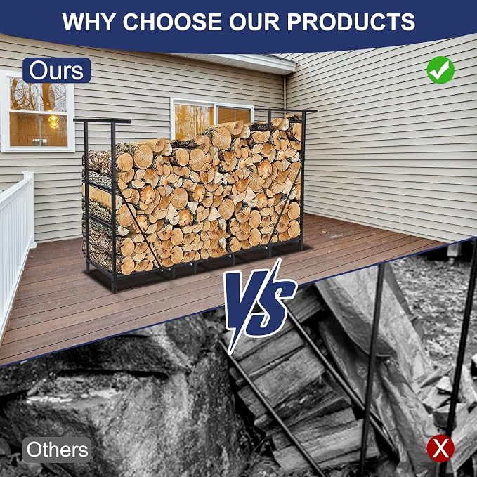 HONEST OUTFITTERS 6ft Firewood Rack Outdoor, Adjustable Heavy Duty Firewood Holder, Adjustable Wood Racks for Outdoor Indoor, Metal Log Racks for Firewood with Firewood Bag Carrier, Black