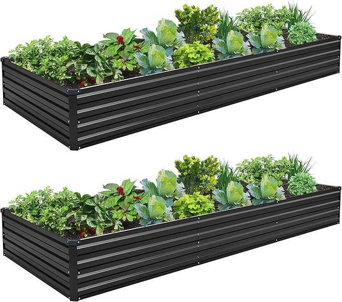 2PCS 10x3x1ft Galvanized Raised Garden Bed Kit,Gardening Planter Box | Outdoor Elevated Metal Planter Box For Vegetables, Flowers, Herbs, Anti-Rust Galvanized Steel, Open Drainage, Sturdy (Black)