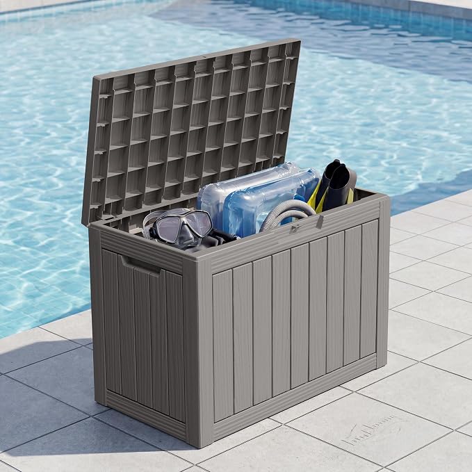 Outdoor Storage Box, 55 Gallon Resin Deck Boxes Outdoor Waterproof For Patio Furniture, Garden Tools, Pool Supplies, Lockable And UV Resistant (Striped Gray)