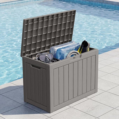 Outdoor Storage Box, 55 Gallon Resin Deck Boxes Outdoor Waterproof For Patio Furniture, Garden Tools, Pool Supplies, Lockable And UV Resistant (Striped Gray)