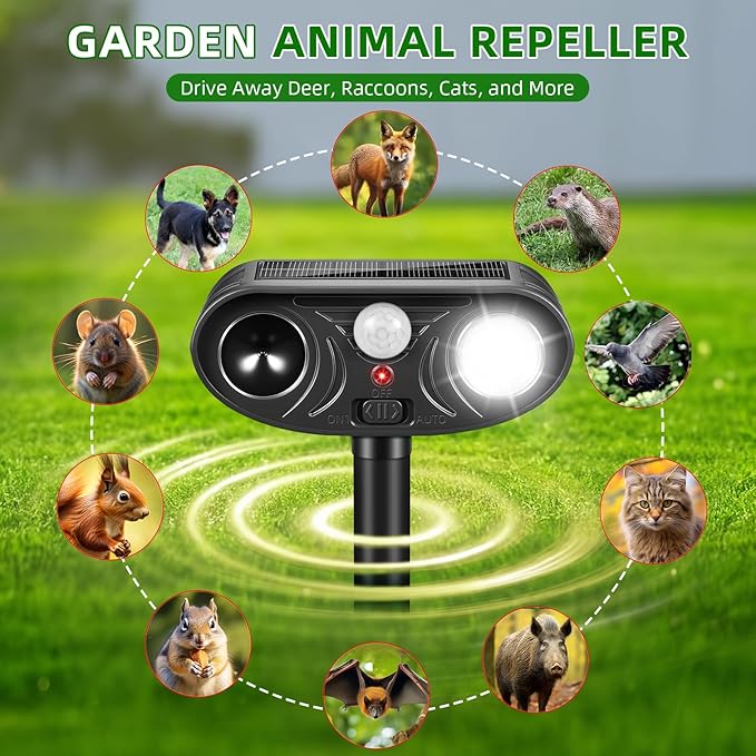 4 Pack Sonic Fortress Pro Deer Repellent Solar Animal Deterrent Outdoor | Motion Activated Deer Repellent Device Cat Deterrent Outdoor Squirrel Raccoon Fox Rabbit Repeller for Garden Yard Farm