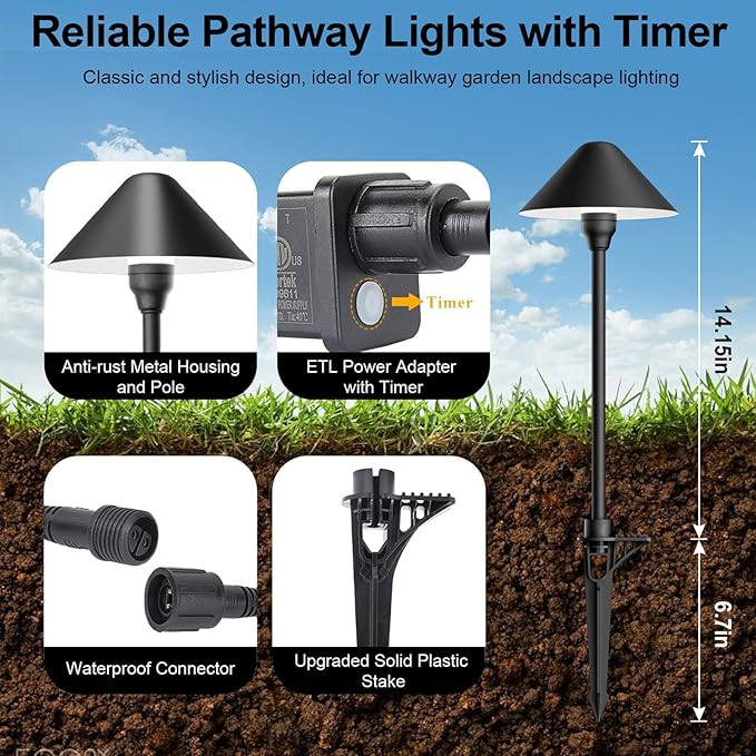 Low Voltage Pathway Lights with Transformer, 4H/6H/8H Cycle Timer | Plug and Play, Non-hardwired, Waterproof Low Voltage Landscape Lighting for Flower Bed Backyard Walkway Driveway, Set of 4