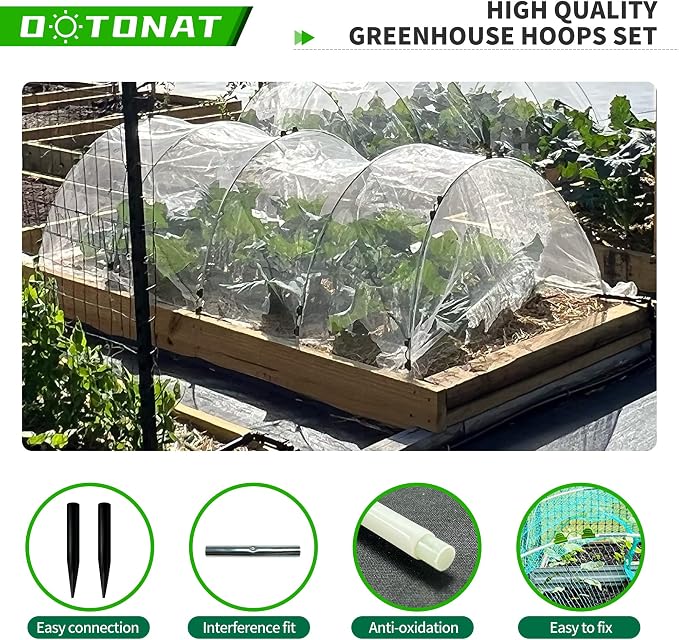 Garden Hoops for Raised Beds- Rust Free Fiberglass Frame Plant Hoops with Support Bases -Greenhouse Hoops Grow Tunnel , 72pcs，Vanilla