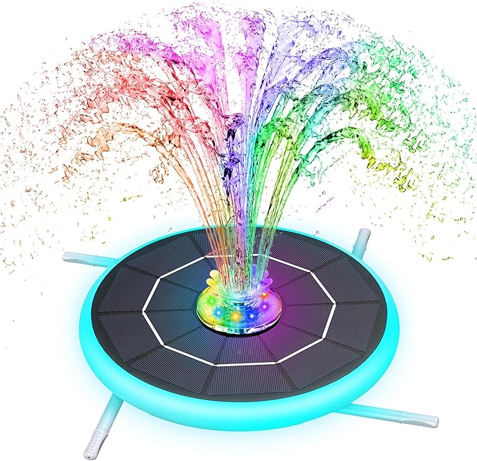 AISITIN 6.5W Solar Fountain for Bird Bath with 3000mAh Battery & Color Changing LED Light, 4 Anti-drift Brackets & 8 Nozzles, Solar Powered Bird Bath Fountain for Garden, Backyard, Fish Tank and Patio