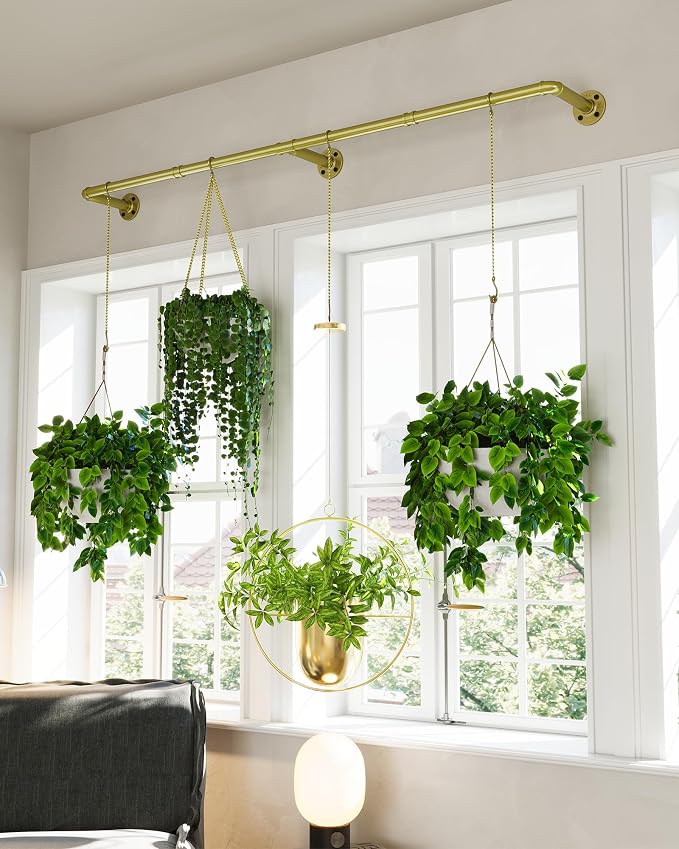 SOFITORG 65.7" Metal Plant Hanging Rod with 6 Chains, Pots Not Included | Wall Plant Hanging Bar, Durable Hanging planter holder for Window Ceiling, Easy Assembly, All Hardware Included, Gold
