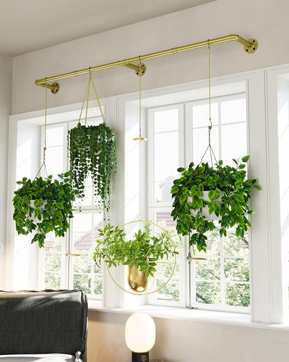 SOFITORG 65.7" Metal Plant Hanging Rod with 6 Chains, Pots Not Included | Wall Plant Hanging Bar, Durable Hanging planter holder for Window Ceiling, Easy Assembly, All Hardware Included, Gold