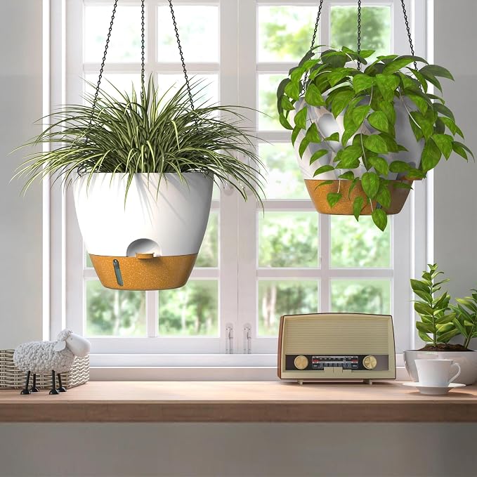 ZMTECH 12 Inch Large Self Watering Hanging Planters for Indoor Outdoor Plants - Water Level Indicator & Removable 60 Oz Reservoir, 1 Pack Plastic Hanging Basket for Window Porch Garden Balcony, White
