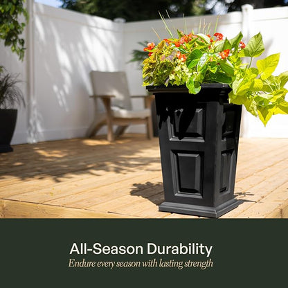 Nantucket 24-Inch Self Watering Tall Planter, 2-Pack, Weather-Resistant and Durable, Ideal for Indoor and Outdoor Use, Perfect for Patio, Porch, or Entryway, Black
