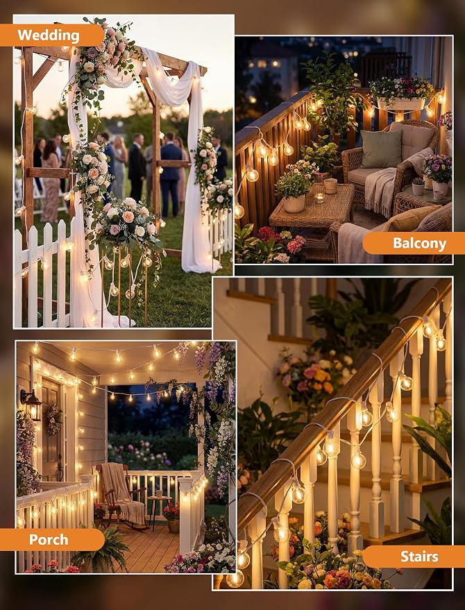 25Ft G40 LED Outdoor String Lights White, 27 Shatterproof Bulbs Waterproof | Plug In, Dimmable, Connectable, Hanging Outdoor Globe Lights for Patio Backyard Wedding Party Christmas, 2700K Warm White