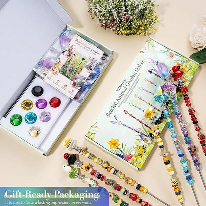 264Pcs Beaded Garden Stakes with Cute Animal- Bee, Ladybug, Bird & Butterfly Fairy Wand Kit,12in Threaded Rods for Spring Garden Outdoor&Indoor Decorations