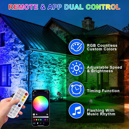 RGB Color Changing Spotlights Outdoor, LED Landscape Lighting with Remote/APP Control, Music Sync & Timing Mode, IP65 Waterproof Outdoor for Yard Garden Pathway Christmas Halloween, 4 Pack