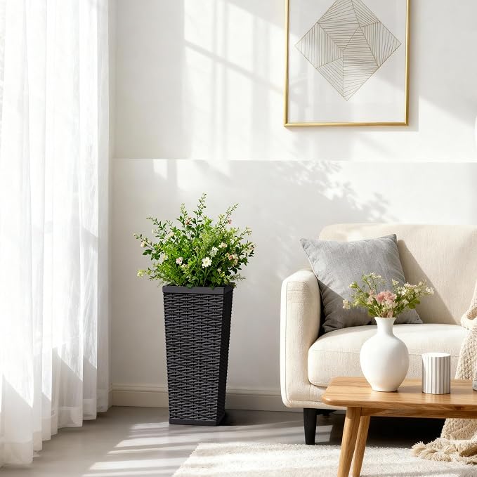 24 Inch Tall Plastic Planters (Set of 2), Detachable Inner Pot & Drainage Holes, Outdoor Decorative Flower Pots for Large Plants, Trees, Patio, and Garden, Black