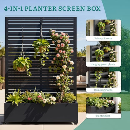 Metal Planter Box with Trellis, Galvanized Steel Raised Garden Bed with Privacy Screen, Lockable Casters, 73"x47"x16" Planter with Drainage Holes for Outdoor Climbing Plants, Vegetables, Patio