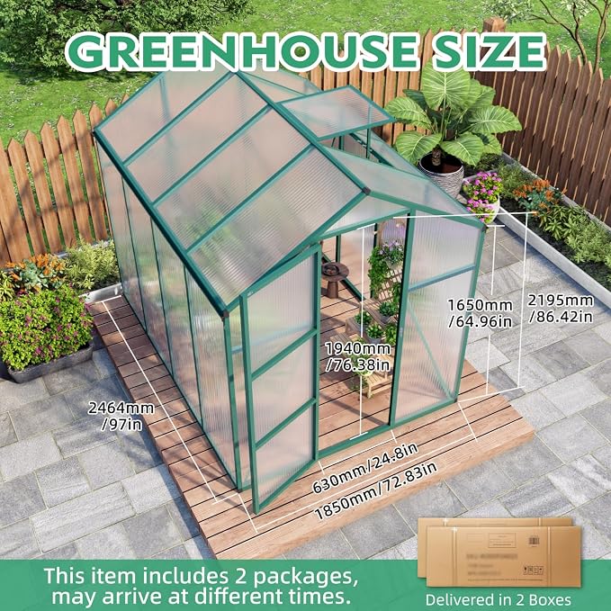 6x8 FT Greenhouse, Walk-in Heavy Duty Polycarbonate Outdoor Greenhouses with Raised Base & Anchor, Height-Enhanced Aluminum Frame, & Drainage System for Backyard All Season Growing, Green