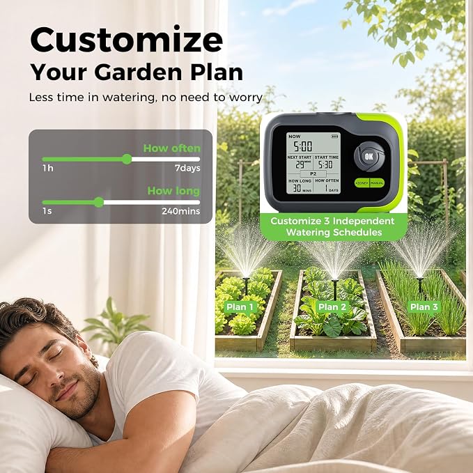 Sprinkler Timer, Watering Timer for Garden Hose, 2 Outlets Programmable Hose Timers with Rain Delay, Outdoor Soaker Auto & Manual Drip Irrigation Controller System for Lawn Yard Greenhouse