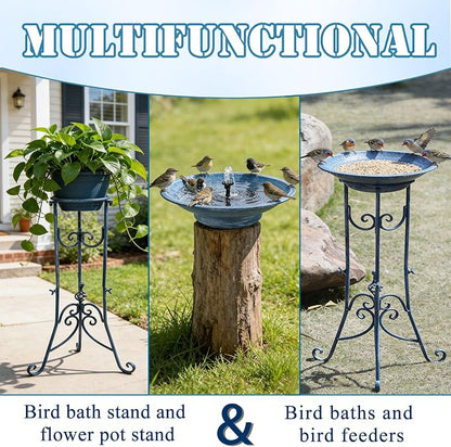 Multifunctional Solar Bird Bath for Outside, Metal Birdbath Stand and Solar Fountain Bird Bath Bubbler Combo Set, Solar Birdbaths for Outdoors Garden Lawn Yard Decor（Blue）