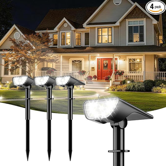 RUIKORING Solar Spot Lights Outdoor Waterproof, 73 LED Landscape Spotlight with 3 Lighting Modes, Dusk to Dawn Auto On/Off, 2-in-1 Wall & Ground Mount for Yard, Garden & Pathway, Cool White, 4 Pack