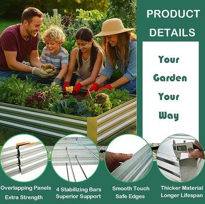 Galvanized Raised Garden Bed (8x4x1ft) – Overlapping 4-Inch Panels + 4 Support Bars, Heavy-Duty Metal Planter Box for Vegetables, Herbs, Flowers, No-Deformation Steel Garden Kit
