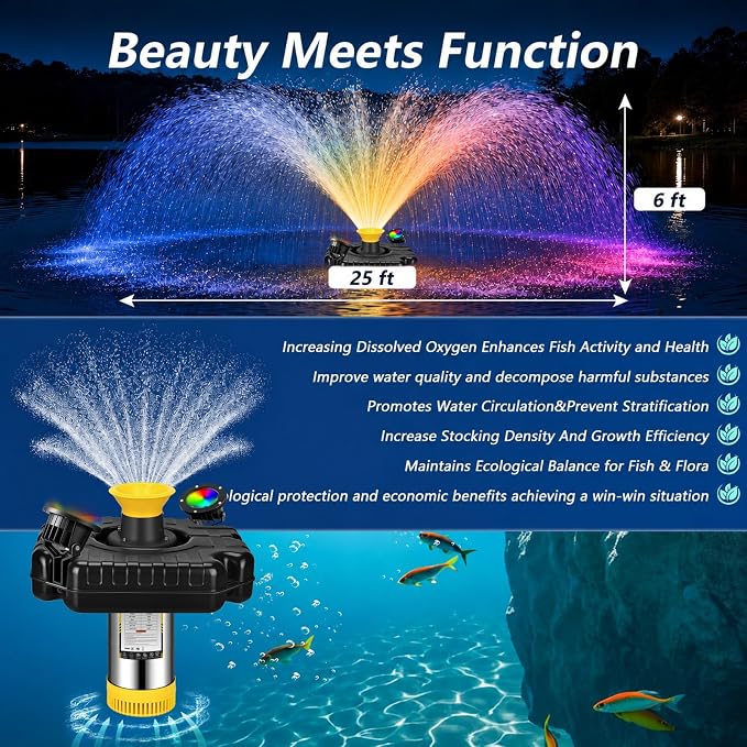 Pond Fountain Aerator with 2 RGB Lights, 1HP 110V 15000GPH Floating Fountain Pump with Timer, 100FT Power Cord, 2 x 100 FT Traction Rope, Aerating Fountains for Larger Outdoor Ponds, Lakes