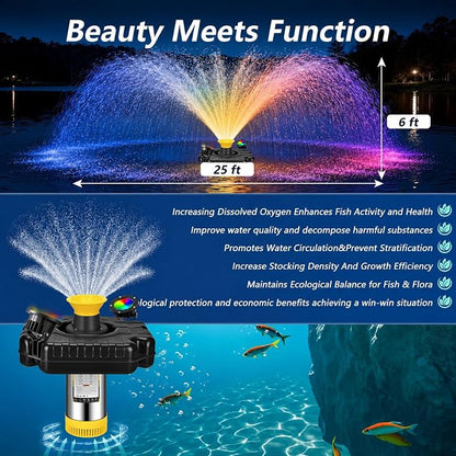 Pond Fountain Aerator with 2 RGB Lights, 1HP 110V 15000GPH Floating Fountain Pump with Timer, 100FT Power Cord, 2 x 100 FT Traction Rope, Aerating Fountains for Larger Outdoor Ponds, Lakes