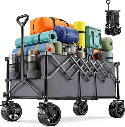 OLIXIS 49" Wagon Cart Collapsible 440lbs Foldable Extra Long Heavy Duty Utility Wagon with Wheels, Portable Storage Grocery Cart for Camping, Shopping, Sports, Beach, Garden, Grey