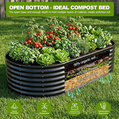 24" Tall Galvanized Raised Garden Bed Outdoor, 8x4x2ft Deep Metal Planter Box with Safety Edging & Support Bars, Large Oval Raised Beds for Gardening Plants Vegetables Herbs Flowers (Dark Grey)