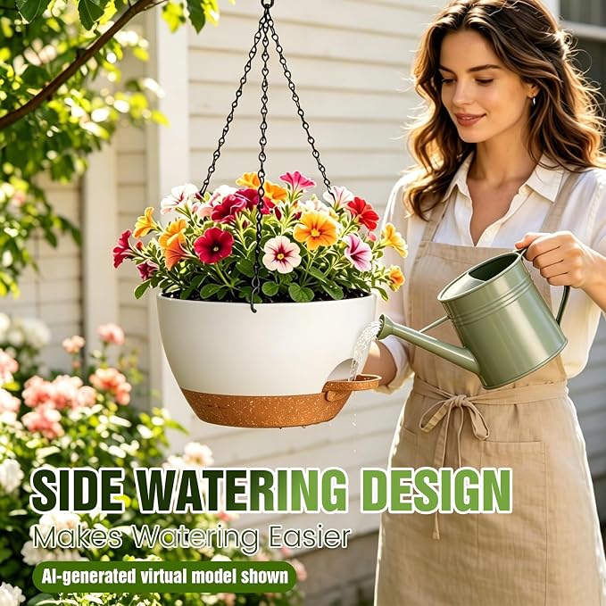 10 Inch Self-Watering Hanging Planters Set of 3 with Saucers | Set of 3 10-inch self-watering hanging planters with extra growing space, side-fill ports, chain hangers & snap-on saucers