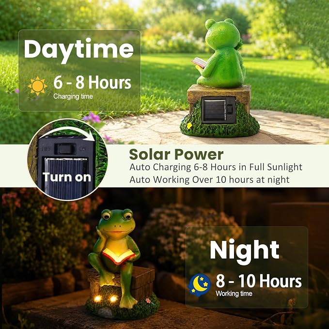 Solar Frog Garden Decor - Resin Frog Decor with LED Lights Outdoor Patio Yard Decor Garden Statue - Unique Frog Gifts for Mom Women