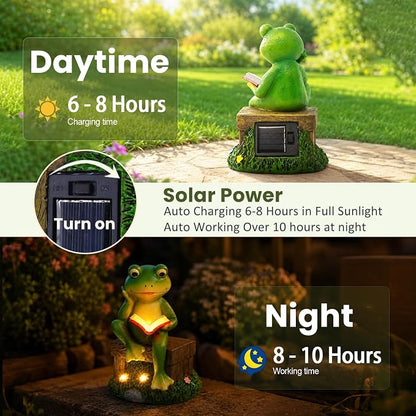 Solar Frog Garden Decor - Resin Frog Decor with LED Lights Outdoor Patio Yard Decor Garden Statue - Unique Frog Gifts for Mom Women