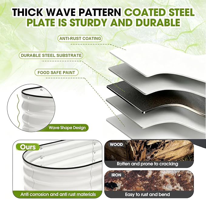 8x2x1.5ft Galvanized Raised Garden Bed Outdoor, 18'' Oval Large Metal Planter Garden Boxes for Gardening, Planting Deep Root Vegetables, Herbs, Fruits, Flower, Rustproof, Rubber Strip, White