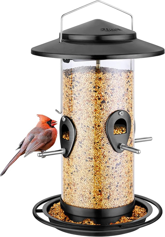 iBorn Metal Bird Feeder for Outside Hanging,Wild Bird Feeders for Cardinal,17.8cm Large Roof&Tray Black 10 Port(Seed is not Included)