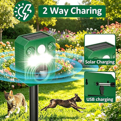 2 Pack Cat Repellent Outdoor Deer Repellent Device Dog Repeller Solar Animal Repellent Ultrasonic Squirrel Repeller Waterproof Racoon Fox with Motion Activated Sensor Flashing Light (Green)