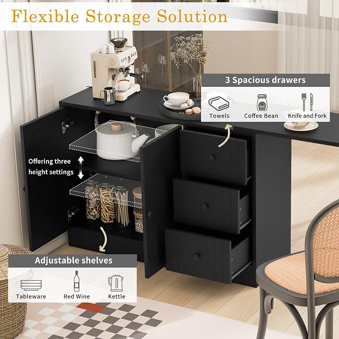 Merax Wood Farmhouse Buffet Sideboard with with Extendable Table, Multifunctional Coffee Bar Cabinet with 2 Doors and 3 Drawers for Living Room Bedroom Kitchen Black