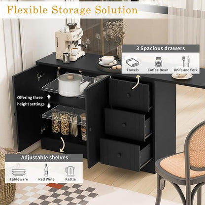 Merax Wood Farmhouse Buffet Sideboard with with Extendable Table, Multifunctional Coffee Bar Cabinet with 2 Doors and 3 Drawers for Living Room Bedroom Kitchen Black