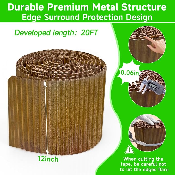 Corrugated Garden Edging, 12"×20Ft Pre-Rusted Landscape Edging & Lawn Edging Border, Metal Garden Border for Flower Beds, Garden，Lawn，Raised Beds & Tree Surrounds