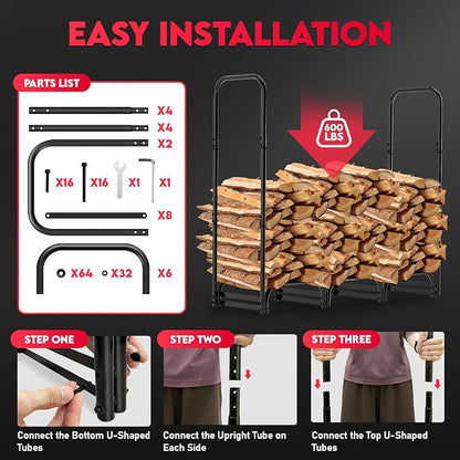 Zettum 4ft Firewood Log Rack with Cover - Outdoor Wood Stand Holder with Cover Heavy Duty, 4 Feet Metal Fire Wood Pile Organizer and Cover Combo Set for Fireplace Storage (48 x 14 x 48 Inch)