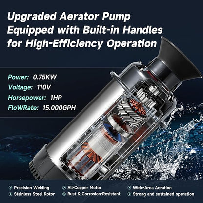 Pond Fountain Aerator, with 4RGB Lights 1HP 110V 750W 15000 GPH Stainless Steel Aerating Fountain Pump, 100 FT Power Cord, Timer, 2 x 100 FT Traction Rope, Powerful Lake Pond Aerator for Larger Ponds