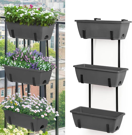 OYEAL Deck Railing Planter Boxes Set of 2 Over The Fence Planters Rail Hanging Planter Boxes with Adjustable Brackets, 6 Plastic Flower Boxes, Grey