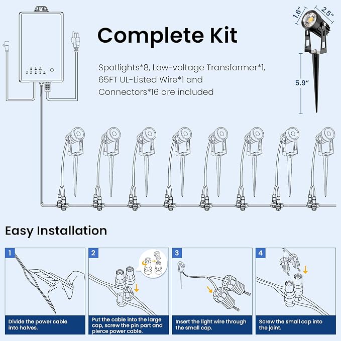 All-in-One Outdoor Low Voltage Landscape Lighting Kit, LED Landscape Spot Lights with 60W Transformer and 65FT Wire, Waterproof Outside Spotlights for Yard, Garden, Tree, Pathway, House, 3000K, 8 Pack
