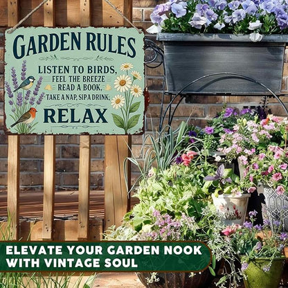 PEACHGARDEN Garden Rules Decor Yard Art Garden Wall Art Decor Vintage Metal Sign Rustic Tin Sign for Patio She Shed Backyard 12x16 inch