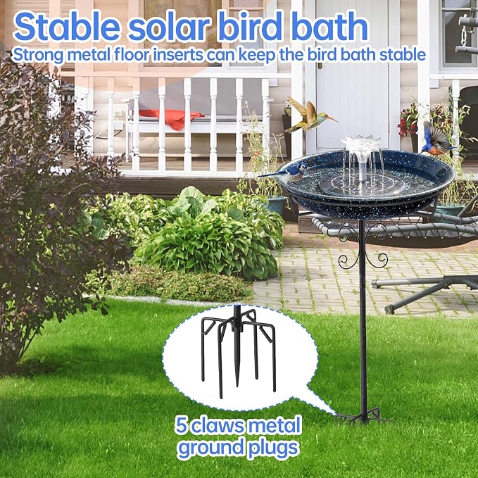 Yiabivo Solar Powered Bird Bath with Fountains for Hummingbirds,Stable Stylish Design with 5-Prong Base Stake Metal Bird Bath for Outside Yard Lawn Patio Garden(Blue)